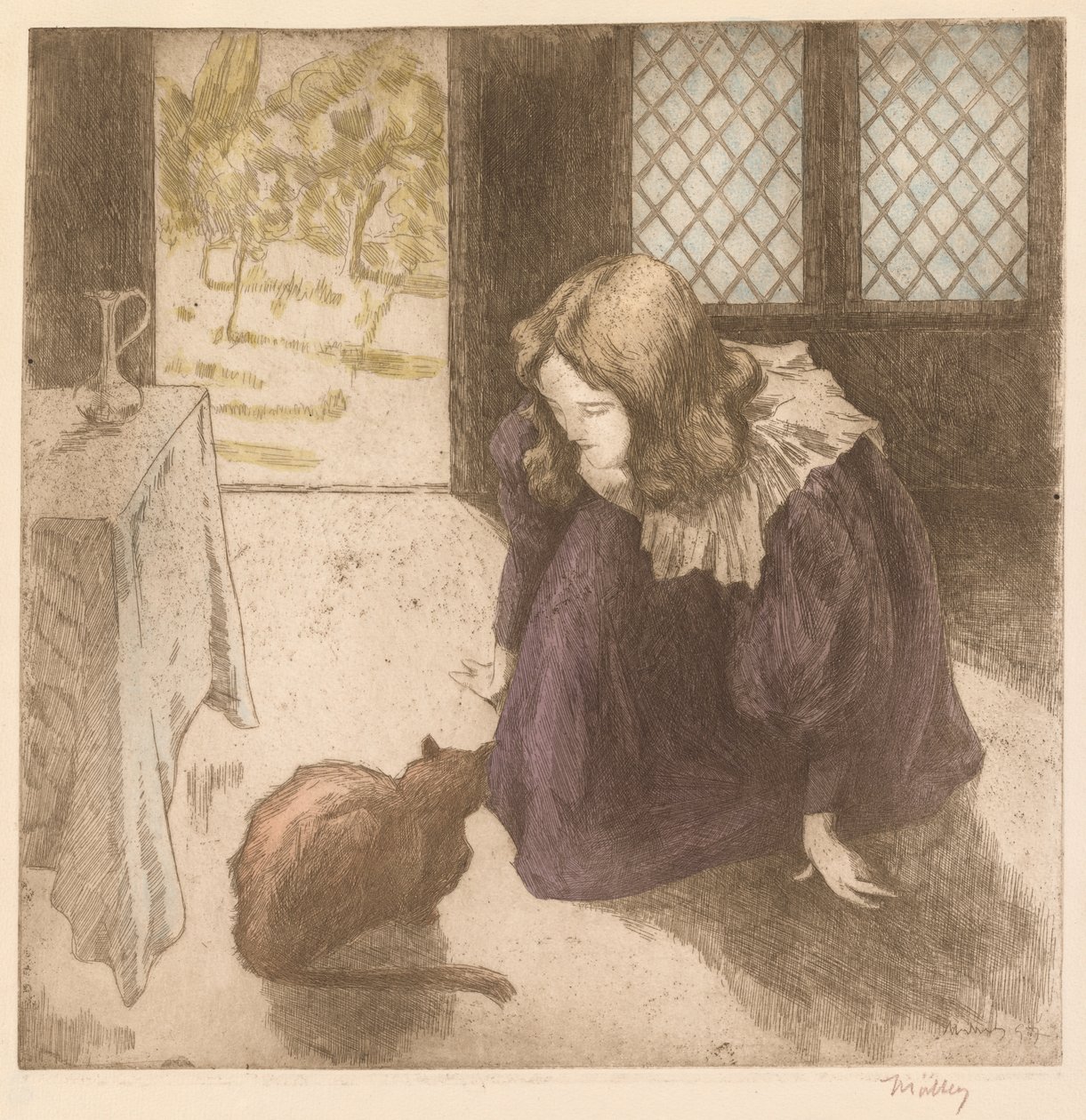 Interiér, Holčička s kočkou (La Petite fille au chat) od Alfredo Müller