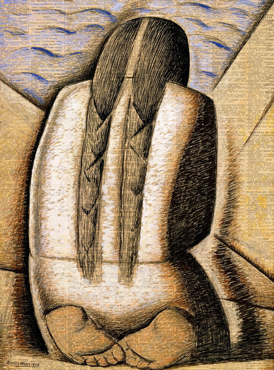 Meditace, cca 1942 (kvaš na novinovém papíru na palubě) od Alfredo Ramos Martinez