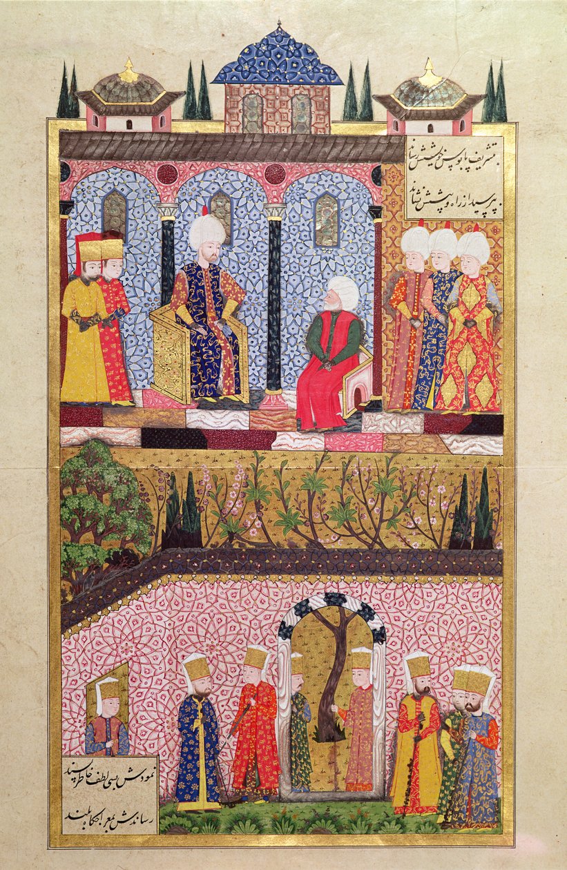 Předání darů Suleymanovi I. (1495-1566) u příležitosti obřízky jeho synů Bayezida a Cihangira v roce 1530, od „Suleymanname“ (Mss Hazine. 1517 f.412a), 1558 (ink und gold le od Ali Amir Beg