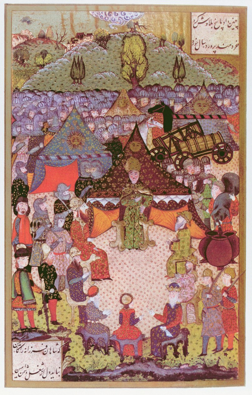 Uherský král Lajos II. (1506-26) na poradě před bitvou u Moháče v roce 1526, 1558 (tuš a zlatý list na pergamenu) od Ali Amir Beg