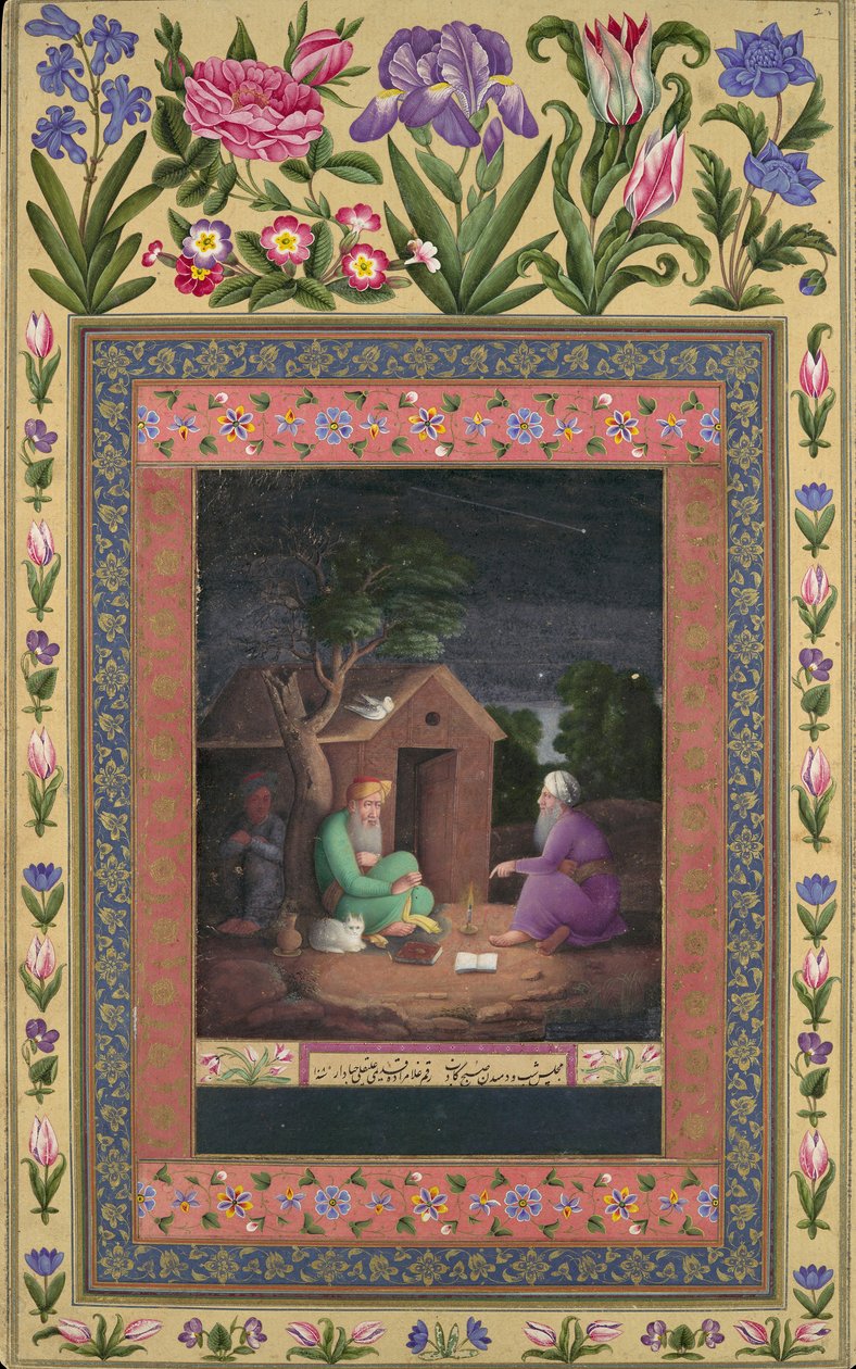 Dva staříci v diskuzi mimo chatu, Folio z Davisova alba, A.H.1085A.D.1674-75. od Ali Quli Jabbadar