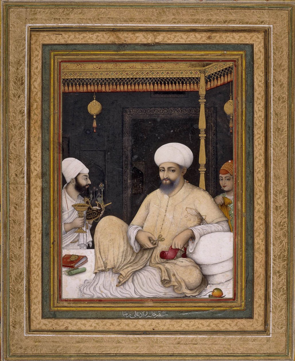 Ali Riza (malíř). Sultán Ibrahim Adil Šáh II. uctívá súfijského světce, Bijapur, asi 1620-30, Britské muzeum, Londýn od Ali Riza