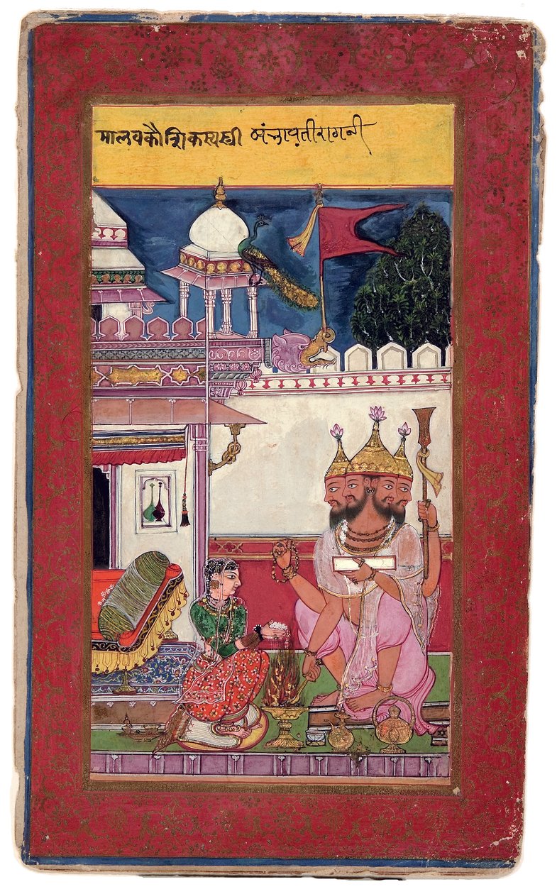 Kambhavati Ragini z Malkosu, 1591 (neprůhledná čb a zlato na papíře) od Ali and Hatim Husain