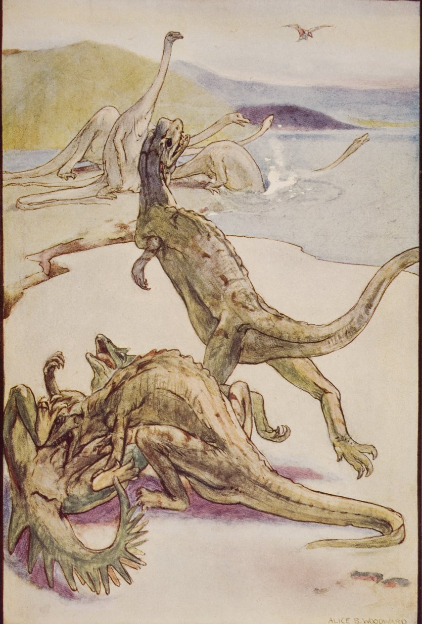 Mezozoická scéna zobrazující Deinotherii, ilustrace z „Nástin historie“ od H. G. Wellse, svazek I, vydané v roce 1920 (barevné lito) od Alice Bolingbroke (after) Woodward