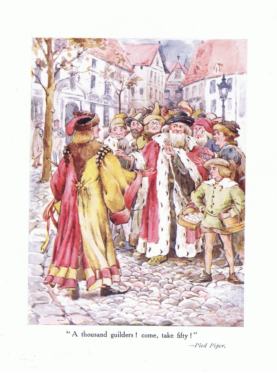 Tisíc zlatých! Pojďte si vzít padesát!, ilustrace z Básně pro mladé: Robert Browning, kolem roku 1920 od Alice Ross