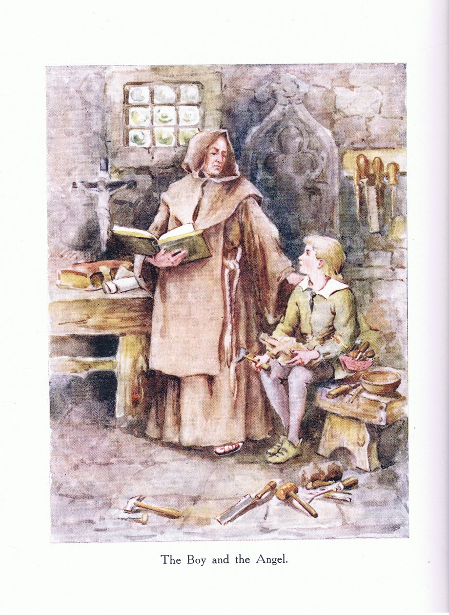 Chlapec a anděl, ilustrace z „Básně pro mladé: Robert Browning“, kolem roku 1920 (barevné lito) od Alice Ross