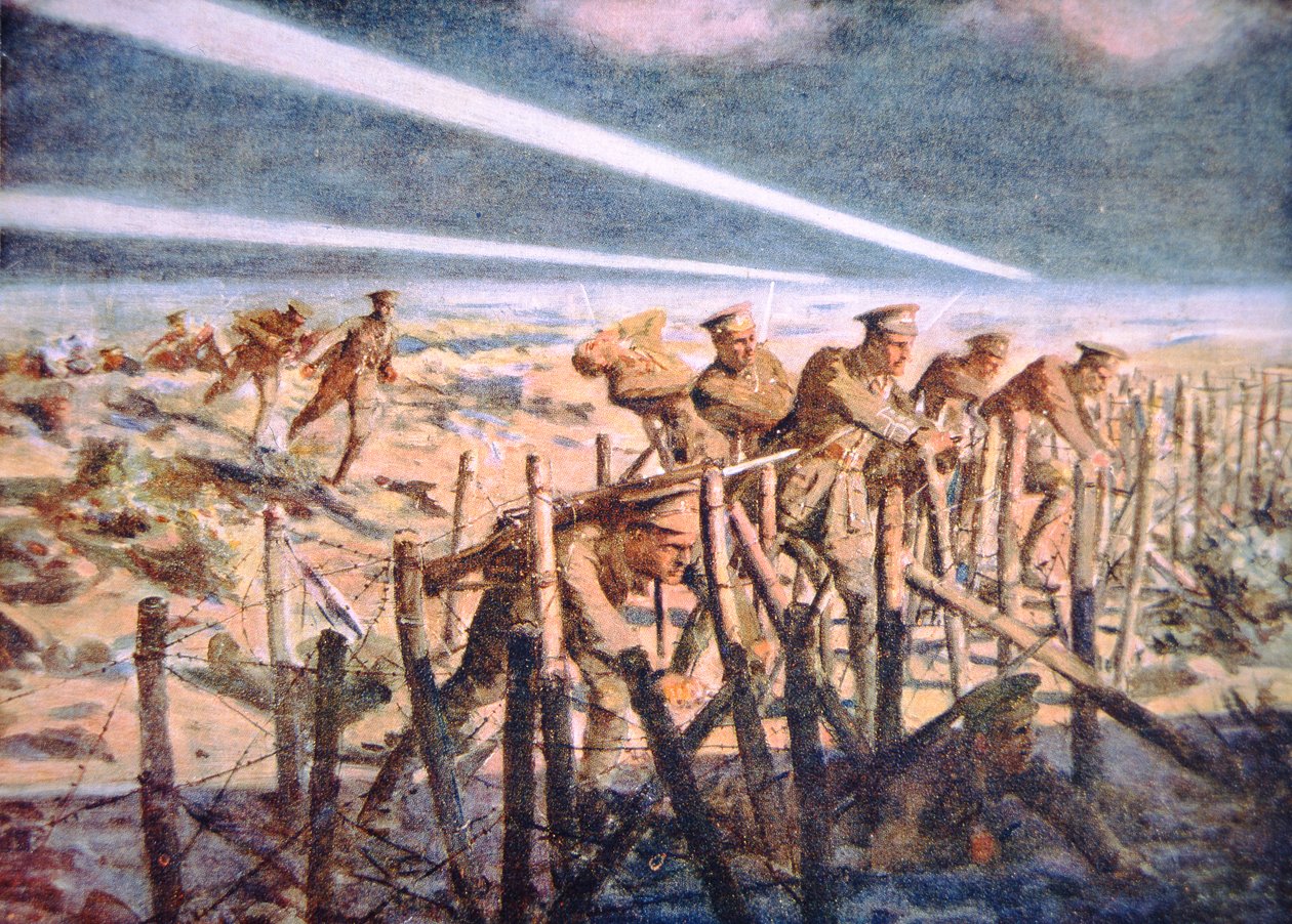 Britští vojáci přeřezávají v noci na západní frontě německou obranu z ostnatého drátu (barva litho) od Allan (after) Stewart