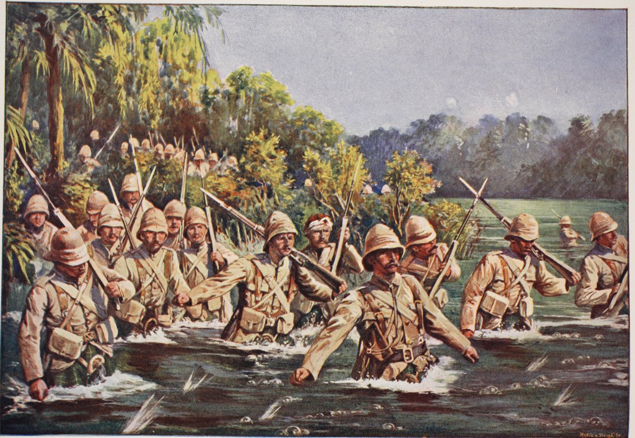 Argyllští a Sutherlandští horalové překračující řeku Modder, ilustrace z 