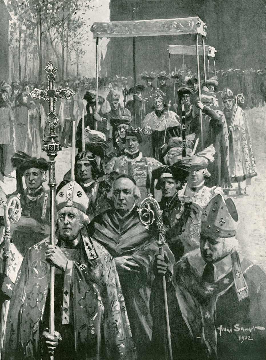 Průvod z opatství do sálu při korunovaci Richarda III. a Anny z Warwicku (litografie) od Allan (after) Stewart