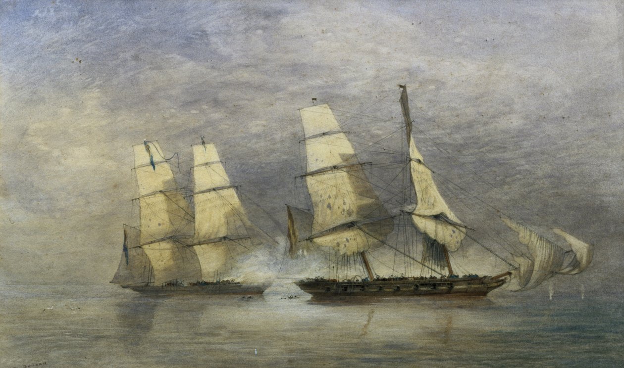 „Černý vtip“ zachycující španělskou otrokářskou brigádu „Almirante“ v zátoce Benin, 1. února 1829 (akvarel na papíře) od Allan Duncan