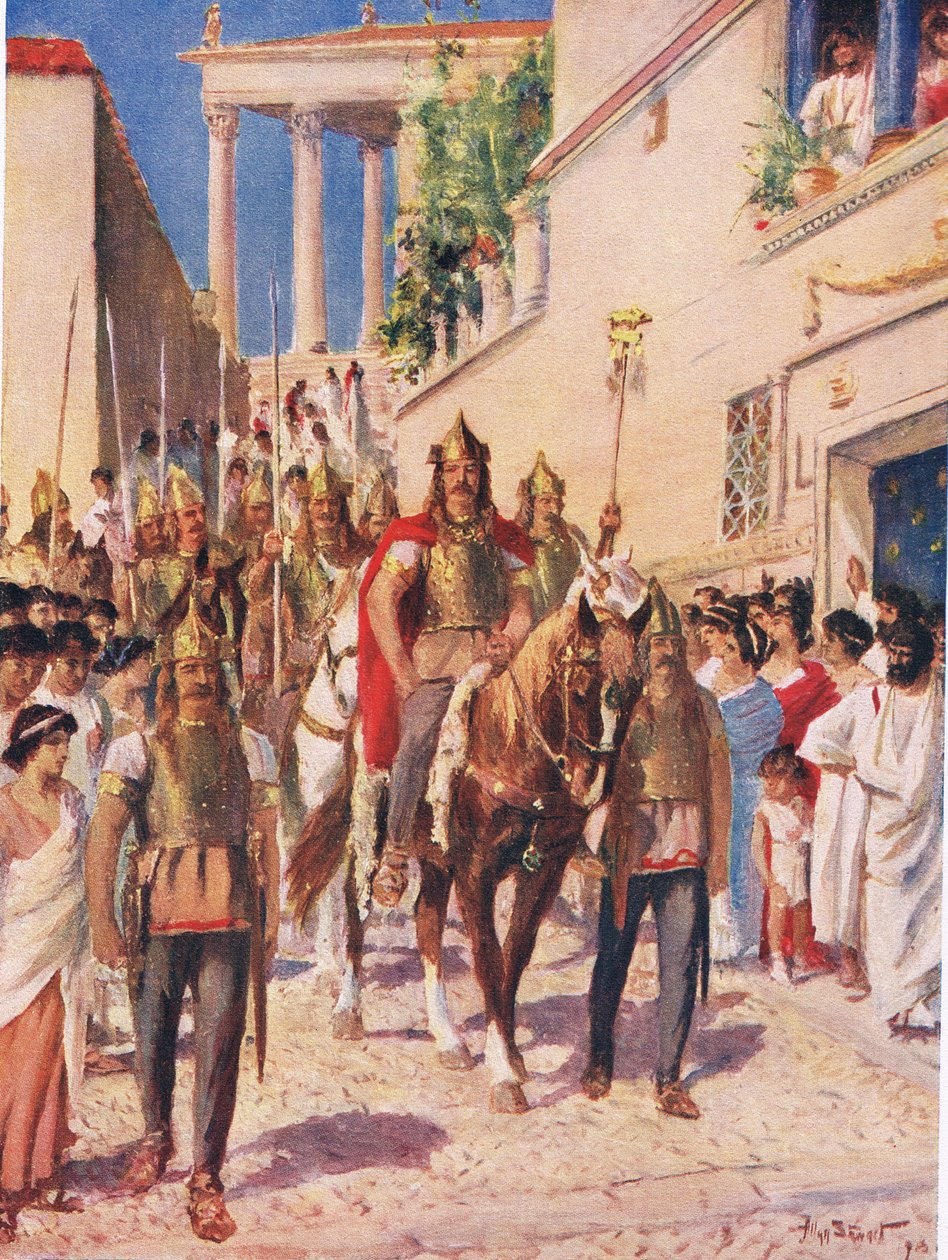 Alaric Goth vstupující do Athén v roce 395, ilustrace z „Hutchinsonových dějin národů“ od Allan Stewart