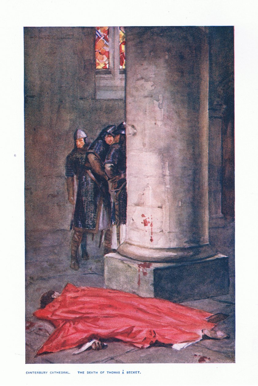 Katedrála v Canterbury: Smrt Thomase A Becketta, ilustrace z Dětských příběhů anglických ministrů, kolem roku 1920 (barevné lito) od Allan Stewart