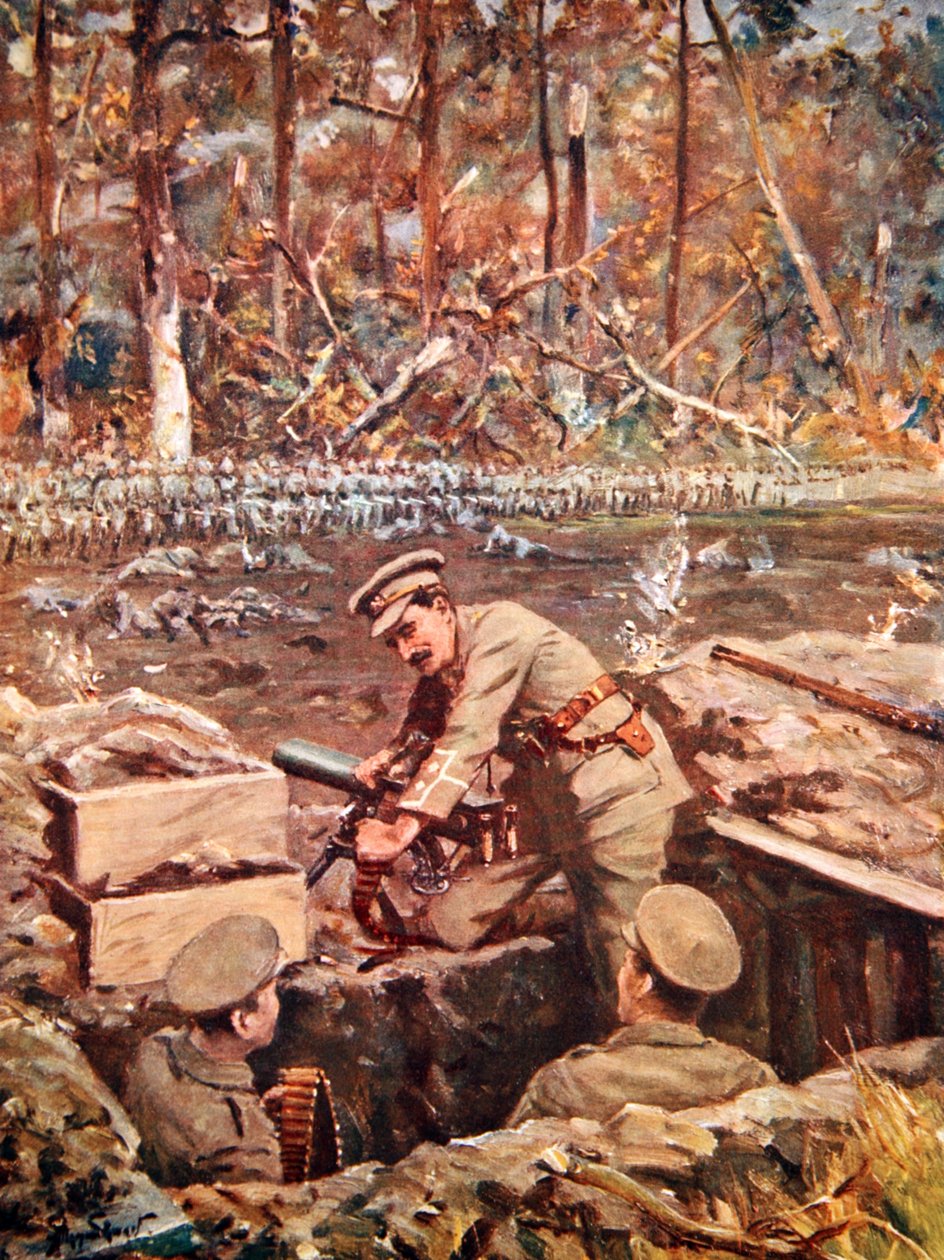 Poručík Dimmer opravuje kulomet, zatímco je vystaven palbě postupující pruské gardy (barva litho) od Allan Stewart