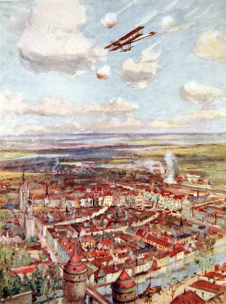 Poručík Rhodes-Moorhouse letí nad Courtrai, aby bombardoval železnici (barva litho) od Allan Stewart