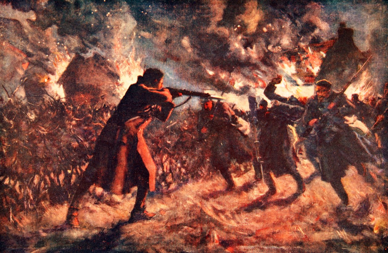 Vojín Meston útočí jednou rukou na několik postupujících nepřátel poté, co dobyl britský příkop (barva litho) od Allan Stewart