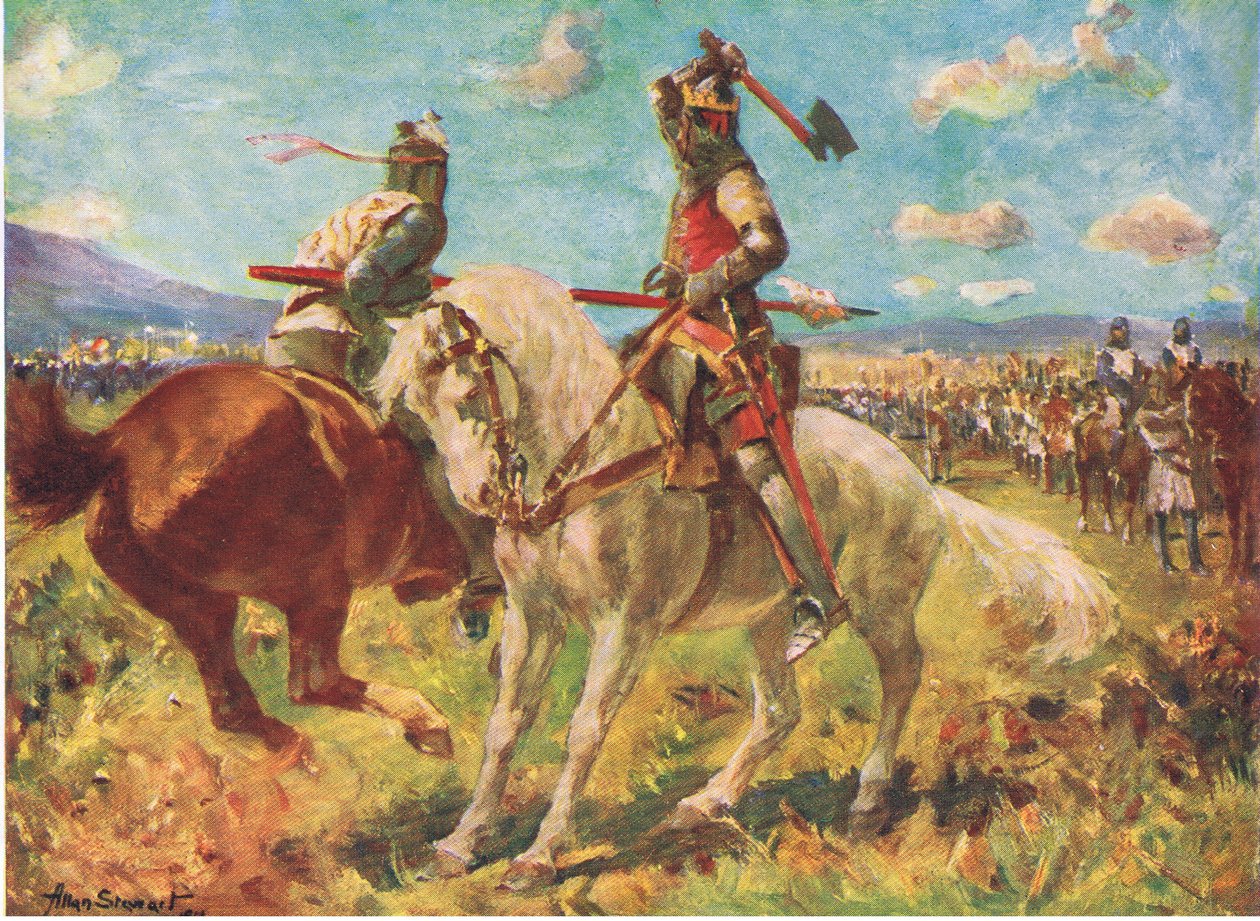 Boj mezi králem Robertem Brucem a sirem Henrym de Bohunem v Bannockburn (barevné lito) od Allan Stewart