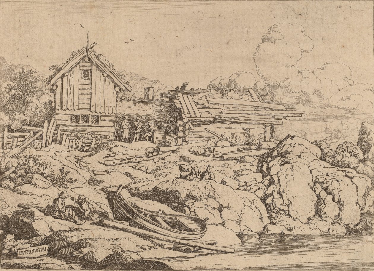 Loď na břehu řeky se třemi kozami, pravděpodobně c. 16451656. od Allart van Everdingen