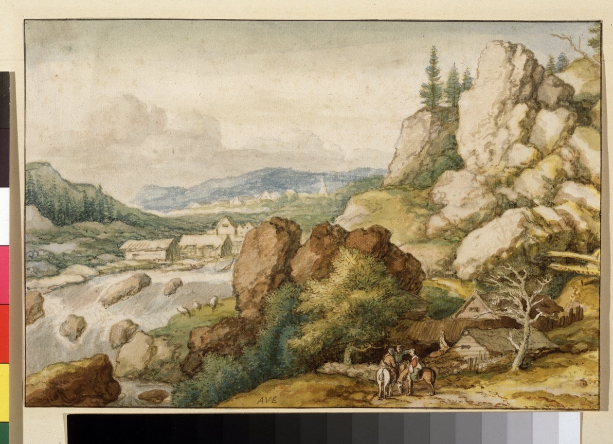 ""Krajina se třemi jezdci"" (Krajina se třemi jezdci) Akvarel Allaert Pietersz van Everdingen (1621-1675) Puškinovo muzeum, Moskva od Allart van Everdingen