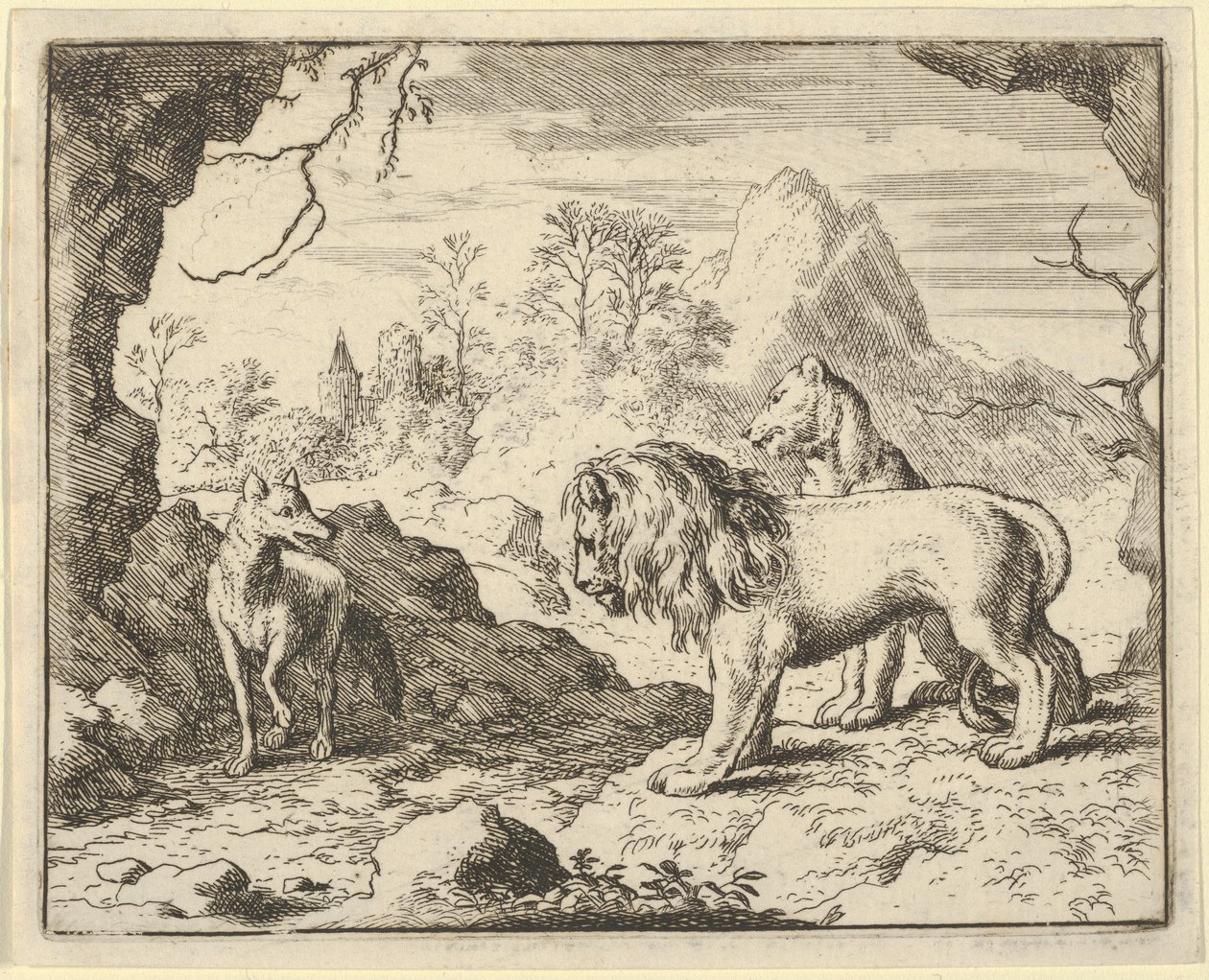 Renard přesvědčuje lva a lvici, že našli poklad, který jim jeho otec ukradl ..., 1650-75. od Allart van Everdingen