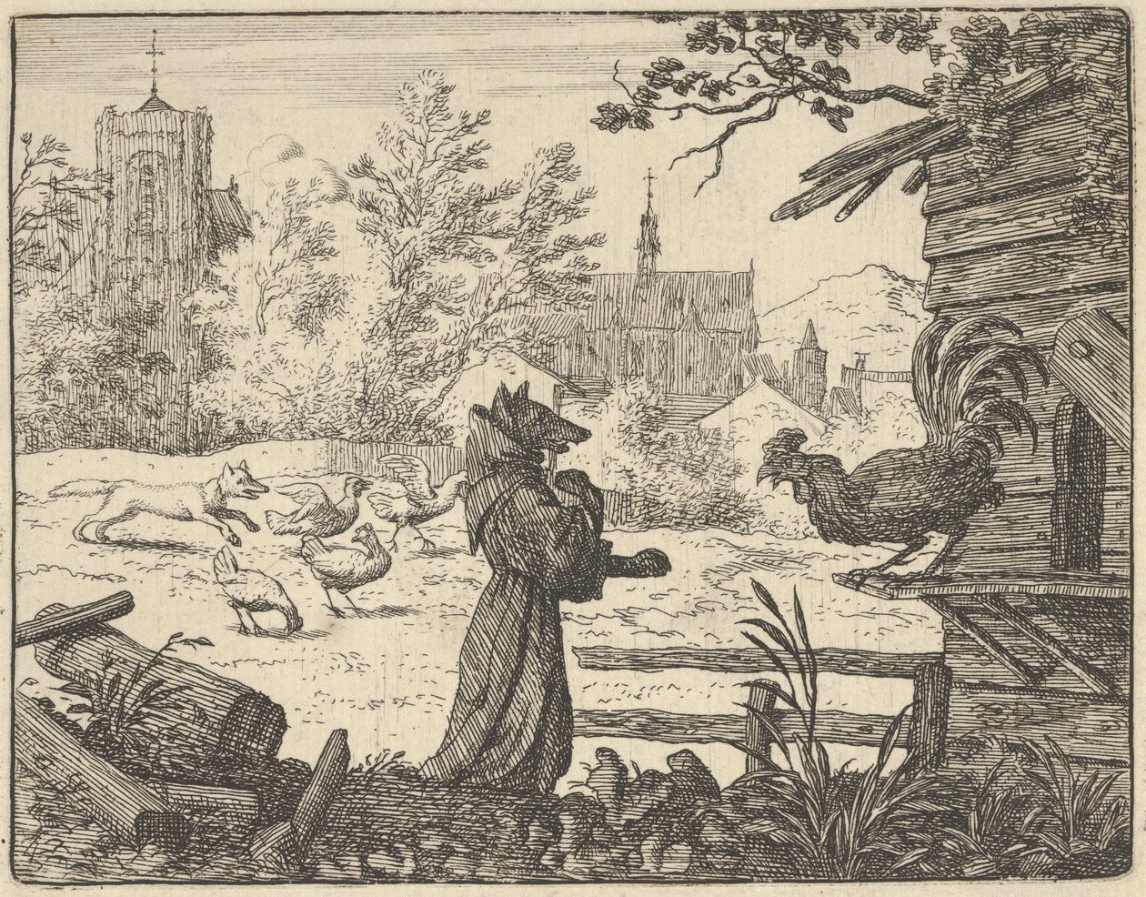 Renard, převlečený za mnicha, získává Kohoutovu důvěru, 1650-75. od Allart van Everdingen