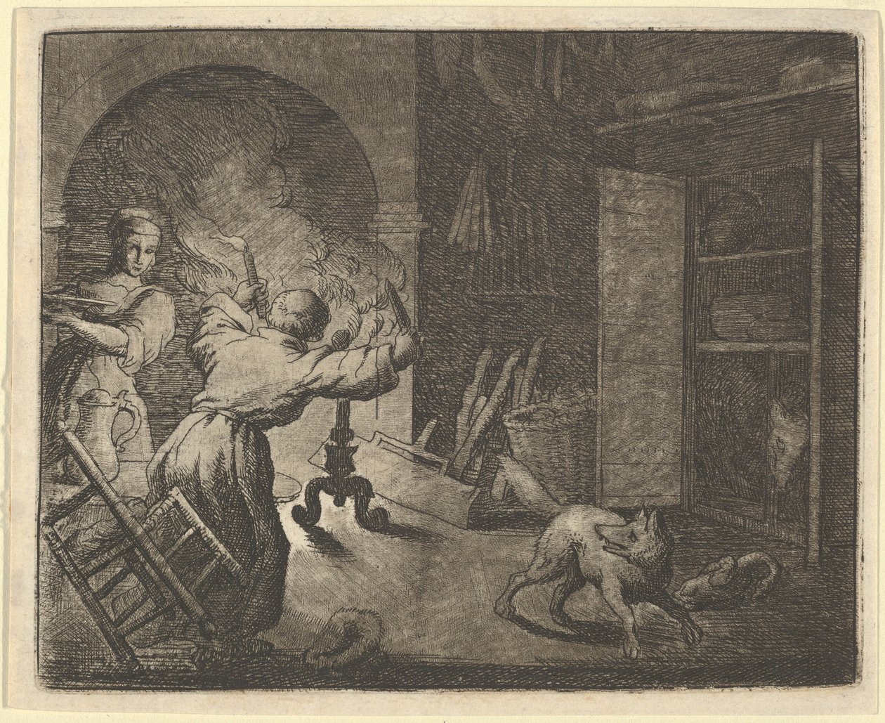 Renard uteče s kuřetem, které ukradl ze stolu duchovního, 1650-75. od Allart van Everdingen