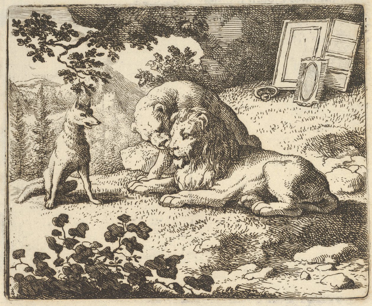 Renard lže, že dal beranovi různé vzácné předměty, které byly určeny pro lva ..., 1650-75. od Allart van Everdingen