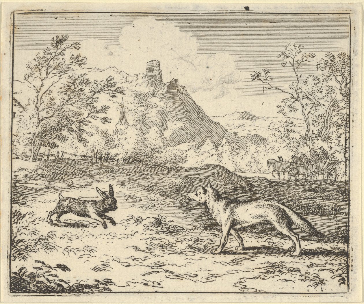 Renard lže, že králík urazil jedno z jeho dětí, 1650-75. od Allart van Everdingen