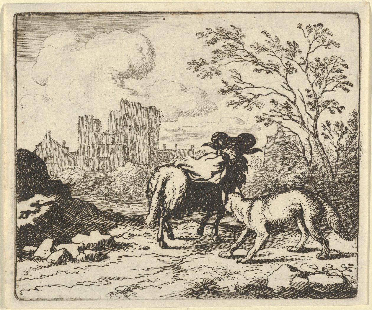 Renard posílá berana zpět lvu s balíčkem obsahujícím králičí hlavu, 1650-75. od Allart van Everdingen