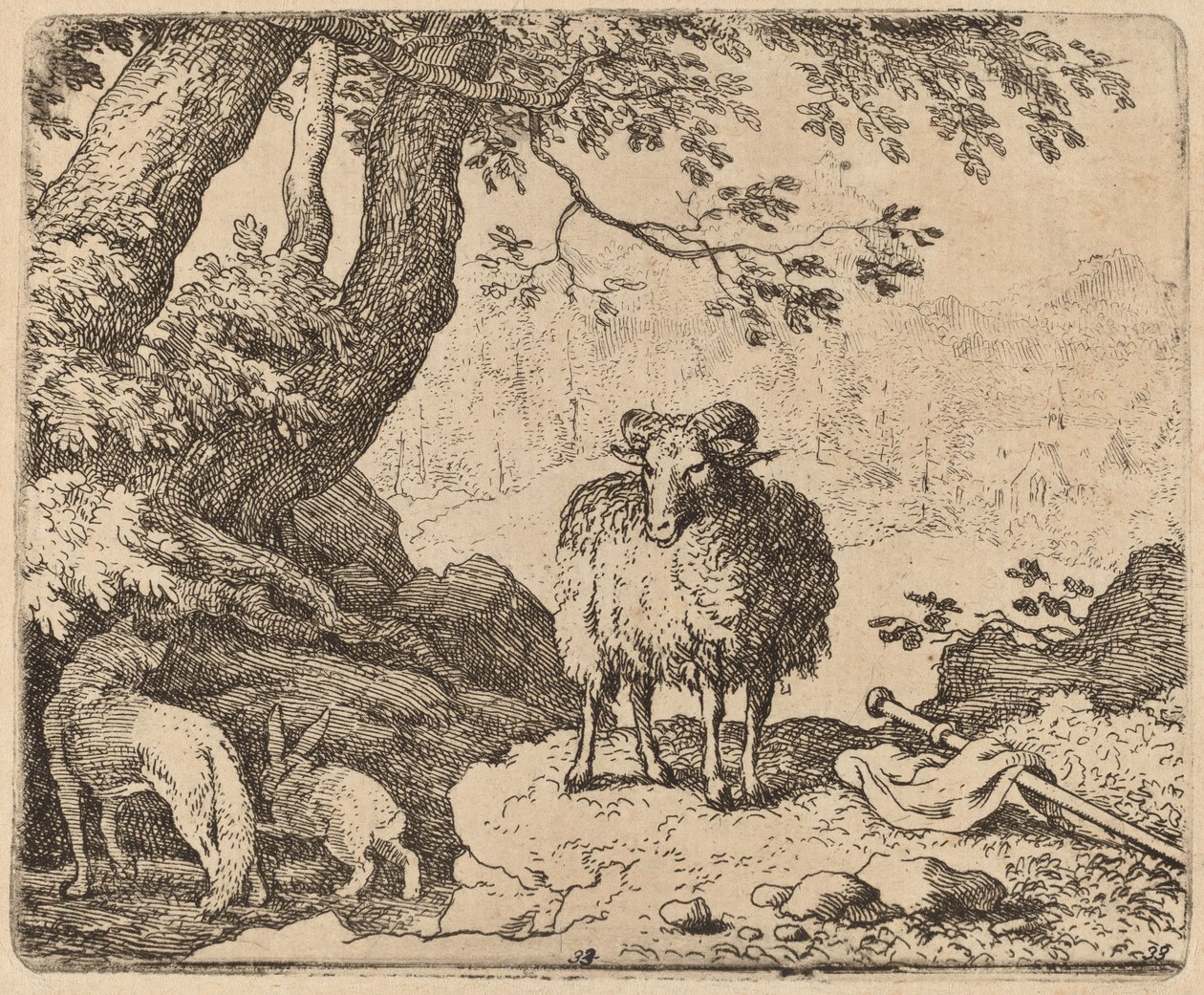 Reynard se vrací domů, v doprovodu berana a králíka, pravděpodobně c. 16451656. od Allart van Everdingen