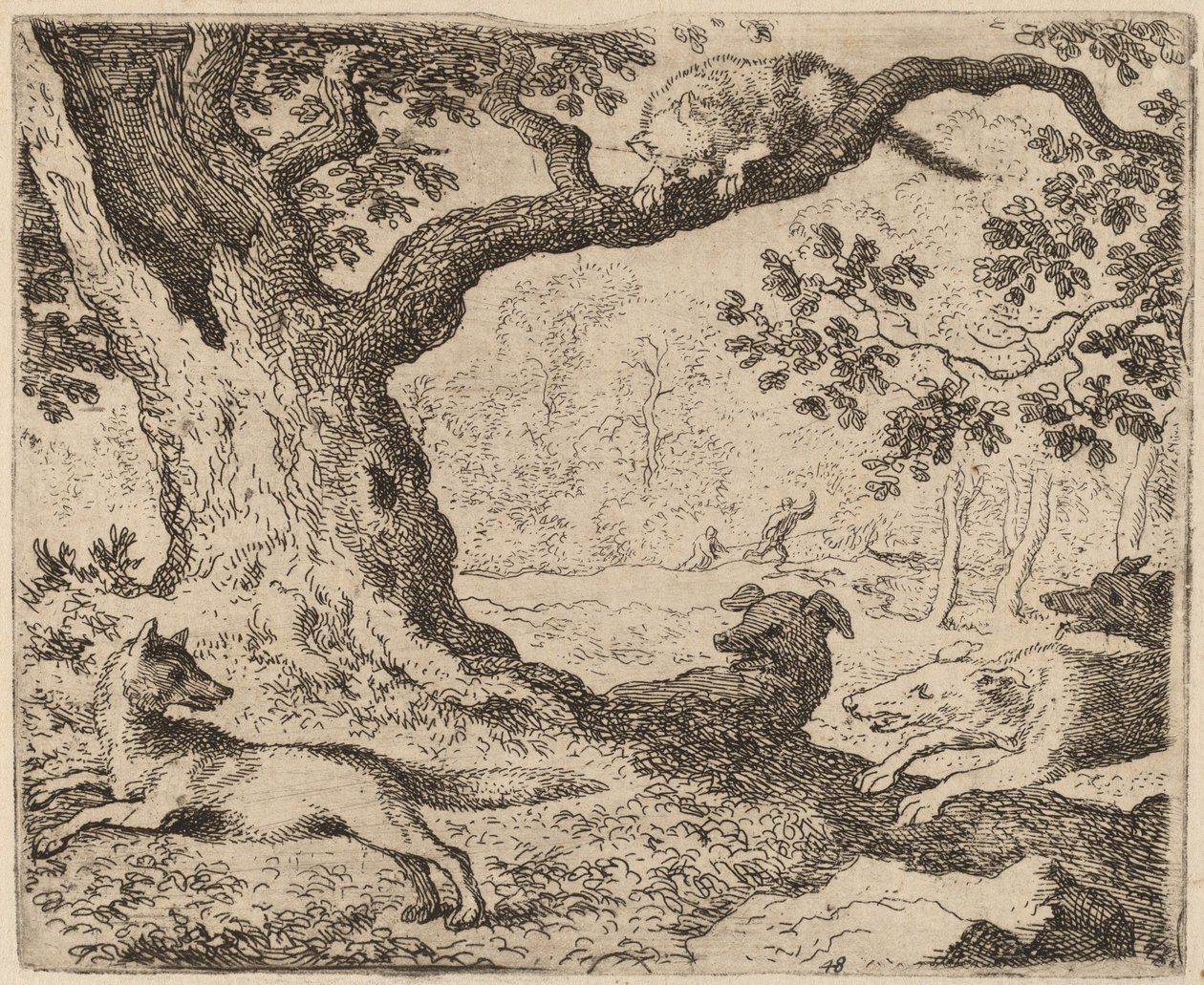 Reynardův otec a kočka pronásledovaná honiči, pravděpodobně kolem r. 16451656. od Allart van Everdingen