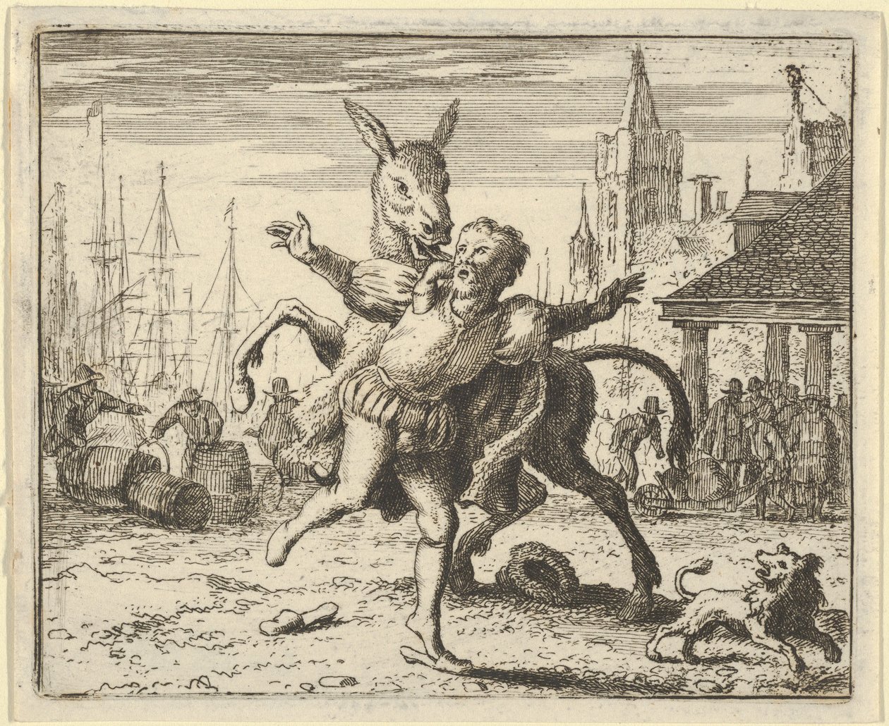 Osel, žárlivý na pozornost, kterou pes dostává od svého pána, vypadá, že je napodobuje ..., 1650-75. od Allart van Everdingen
