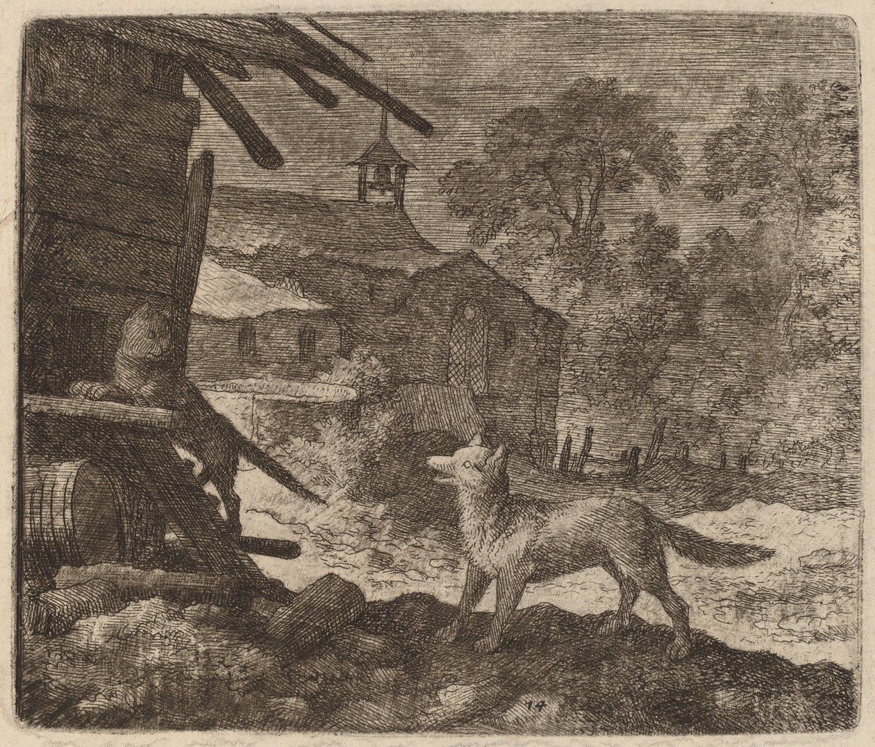Kočka vstoupí do stodoly, jak se Reynard dívá, pravděpodobně c. 16451656. od Allart van Everdingen