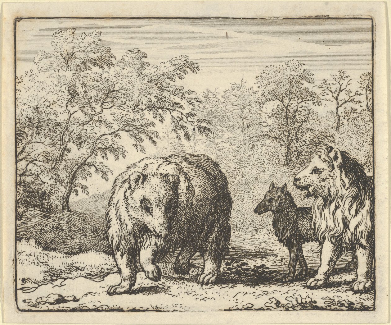 Lev osvobozuje medvěda a vlka, 1650-75. od Allart van Everdingen