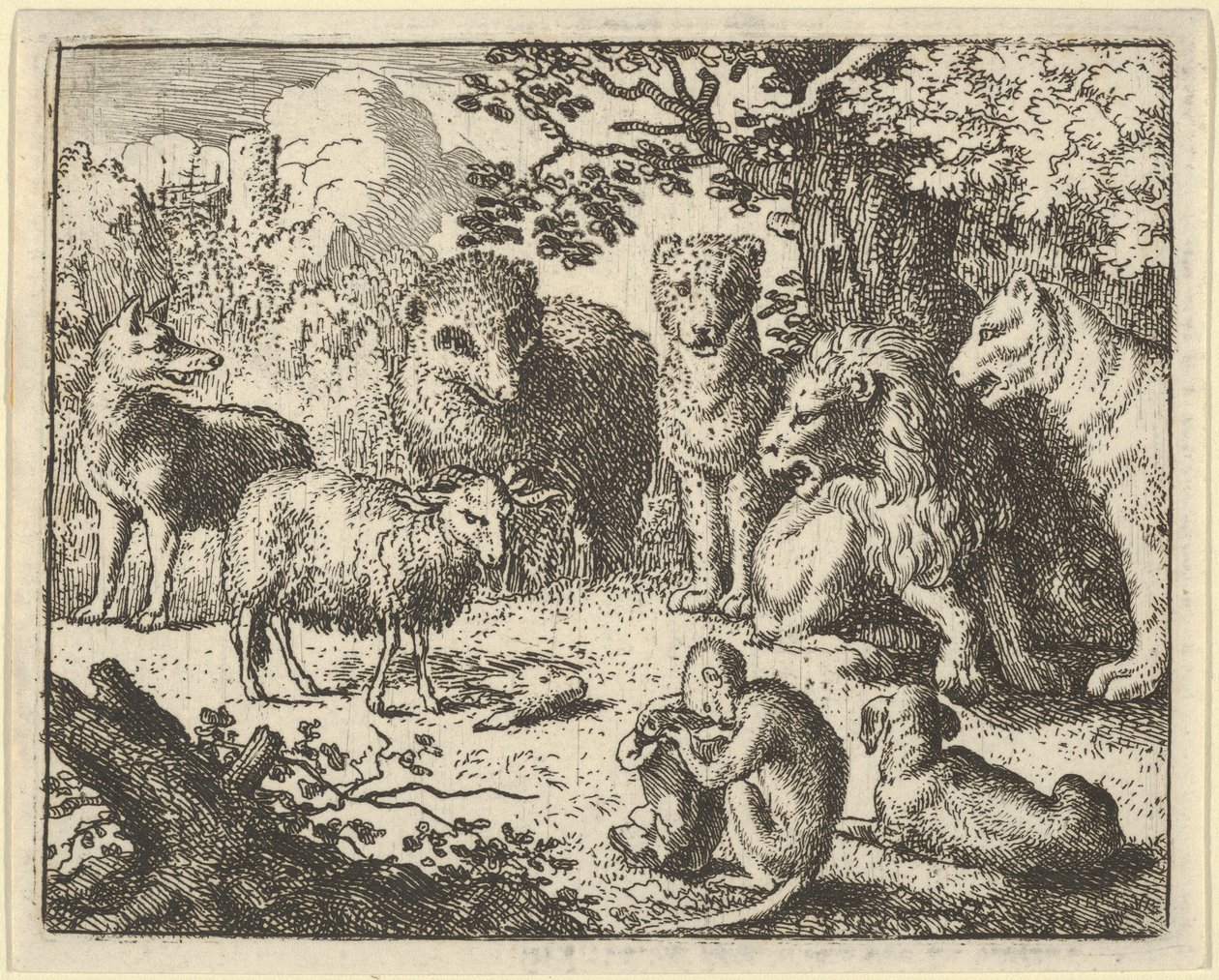 Opice otevře balíček a odstraní králičí hlavu k Velkému překvapení..., 1650-75. od Allart van Everdingen