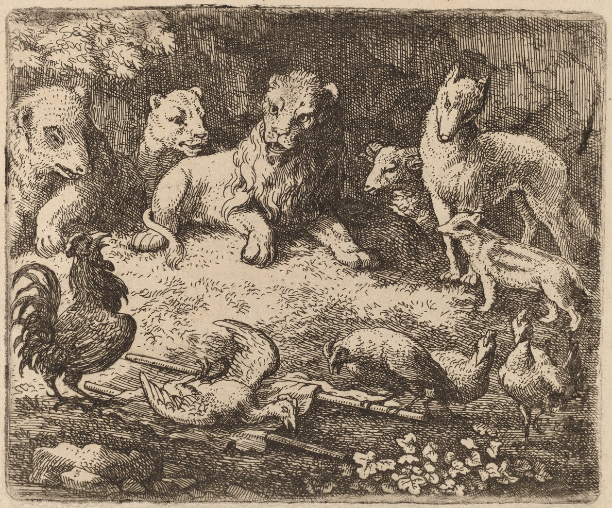 Kohout útočí na Reynarda, pravděpodobně c. 16451656. od Allart van Everdingen