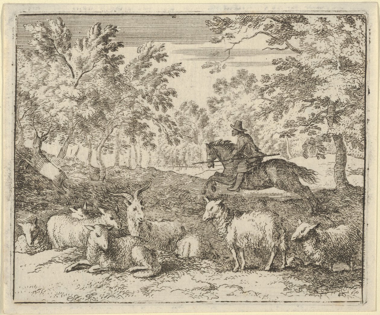 Pastýř na koni pronásleduje jelena, 1650-75. od Allart van Everdingen