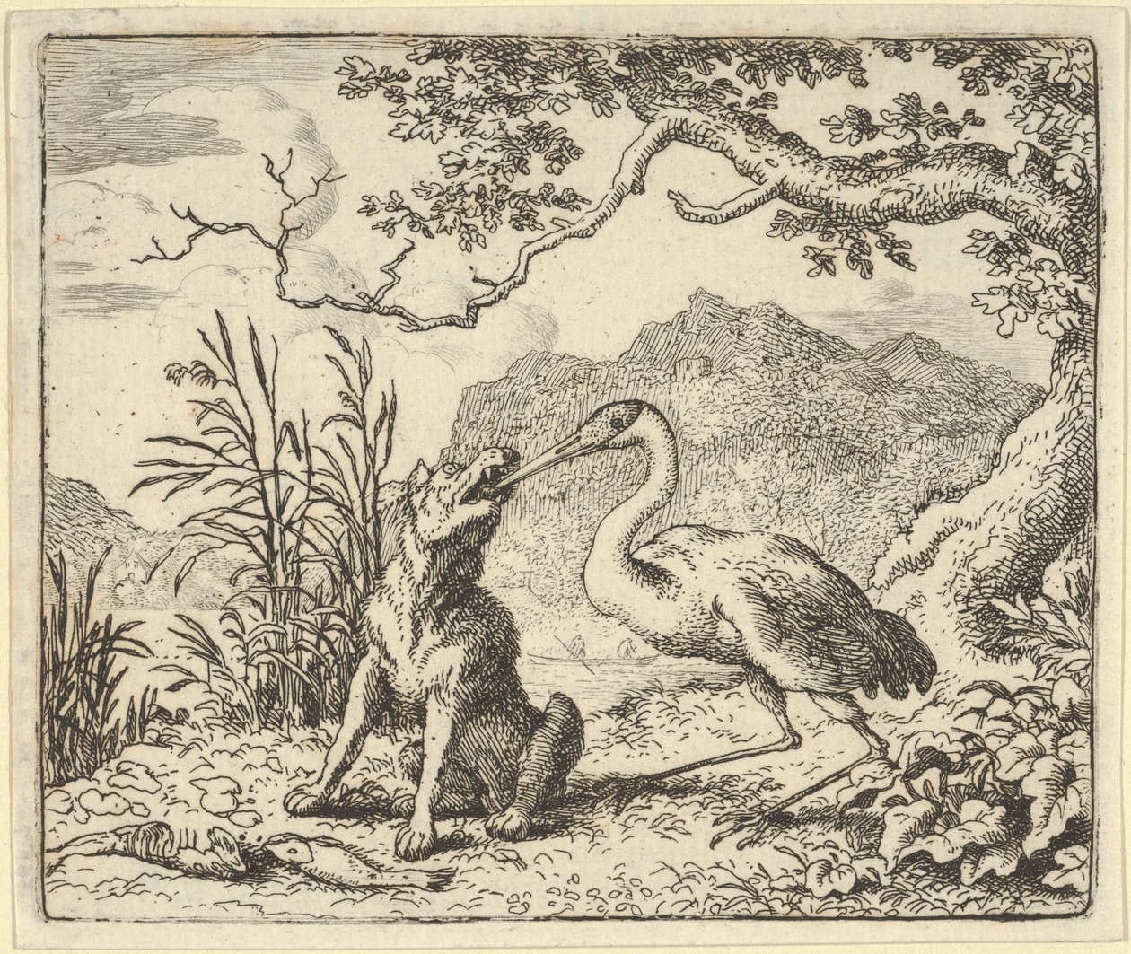 Čáp odstraňuje kost z vlčího hrdla z Renarda The F... od Hendricka van Alcmara, 1650-75. od Allart van Everdingen