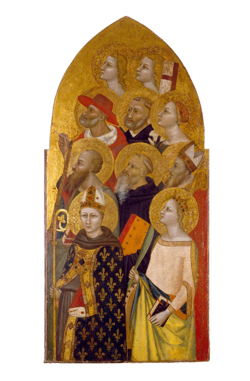 Svatí a andělé, cca 1360-70 (tempera a plátkové zlato na panelu) od Allegretto Nuzi