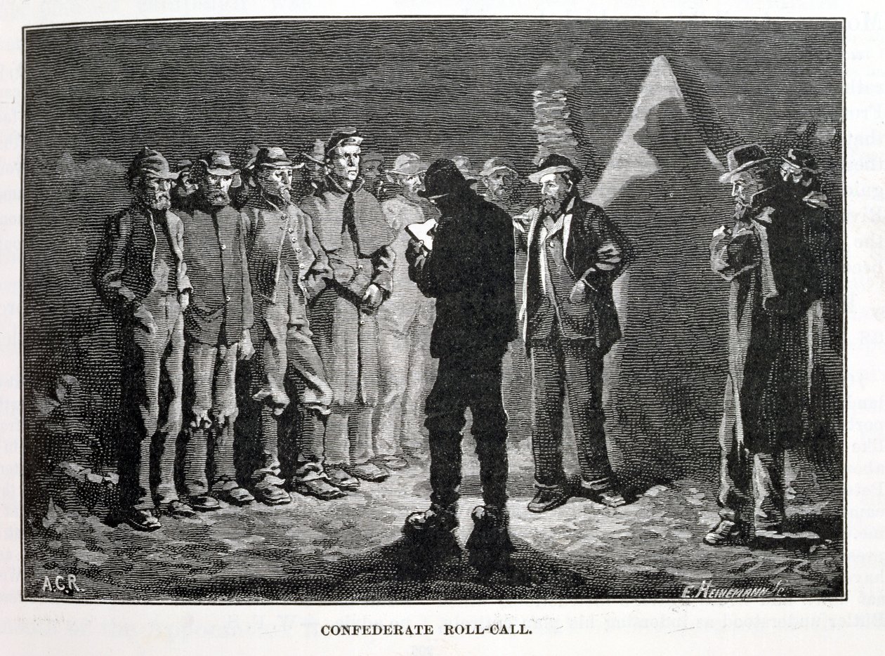 Confederate Roll-call, vyrytý Ernstem Heinemannem (1848-1912), ilustrace z 