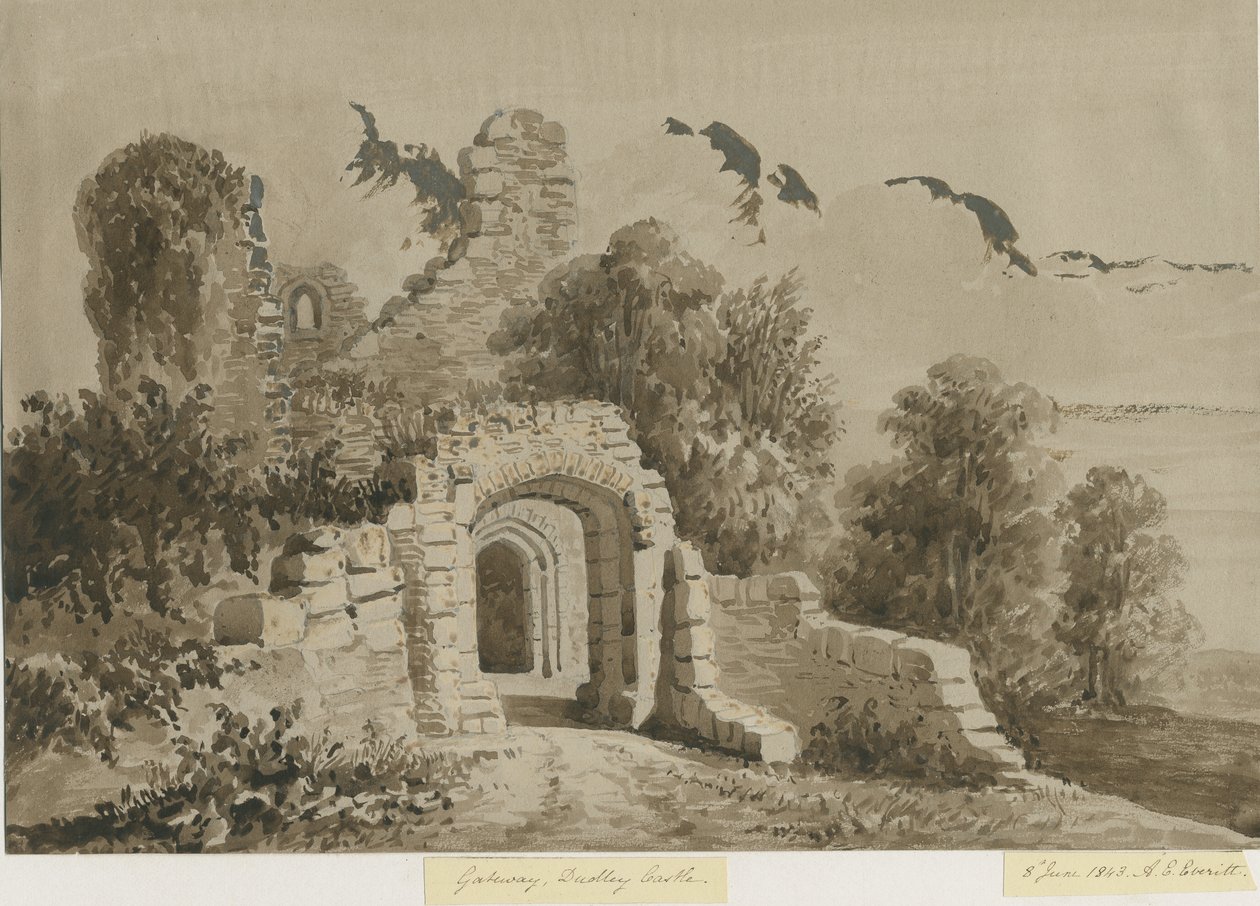 Dudley Castle - The Gateway: červená-sépiová lavírovaná kresba, 8. června 1843 od Allen Edward Everitt