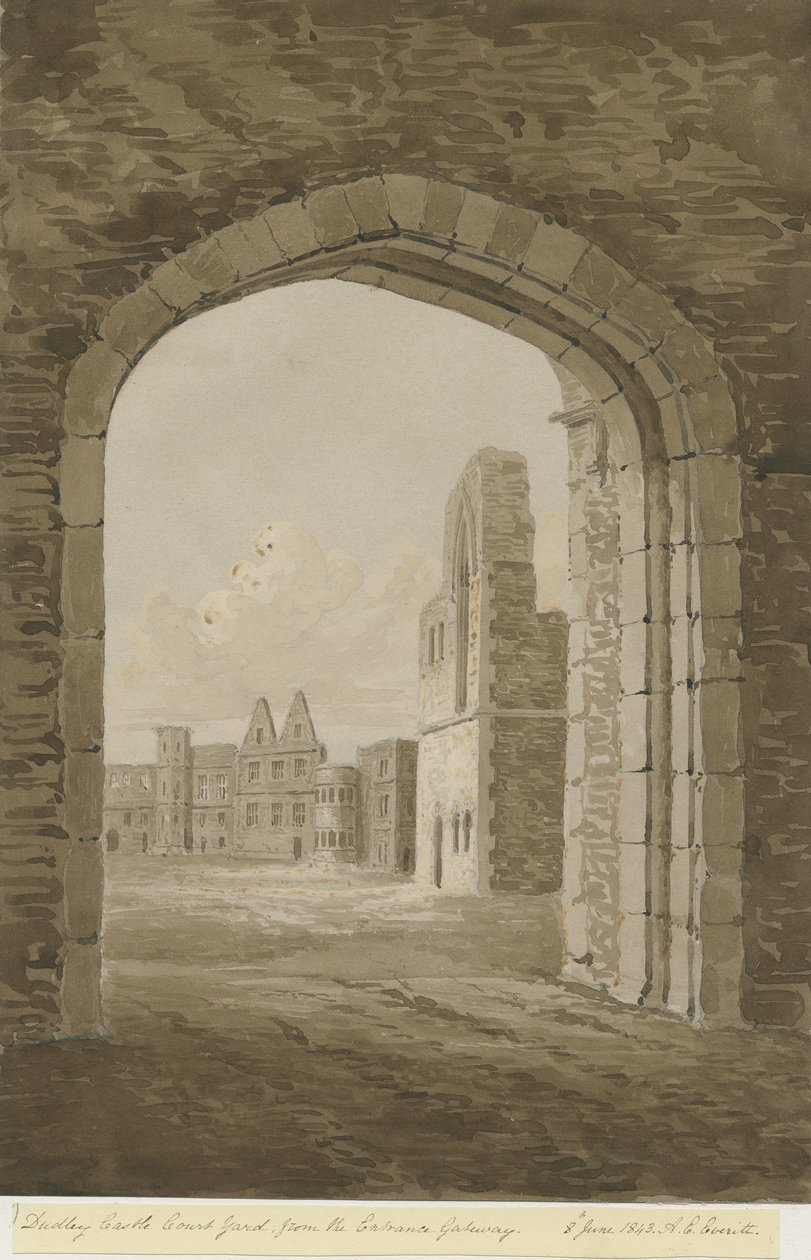 Dudley Castle - The Keep: červená-sépiová kresba, 8. června 1843 od Allen Edward Everitt
