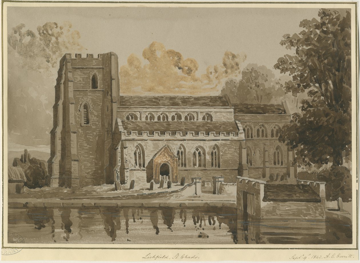 Lichfield - Kostel sv. Čada: červená sépiová kresba, 9. září 1842 (kresba) od Allen Edward Everitt