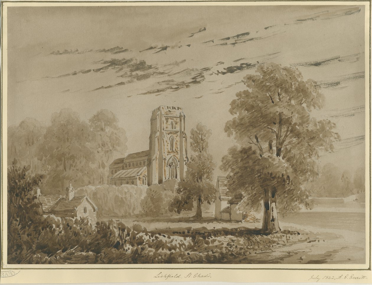 Lichfield - Kostel sv. Čada: červená sépiová kresba, červenec 1842 (kresba) od Allen Edward Everitt