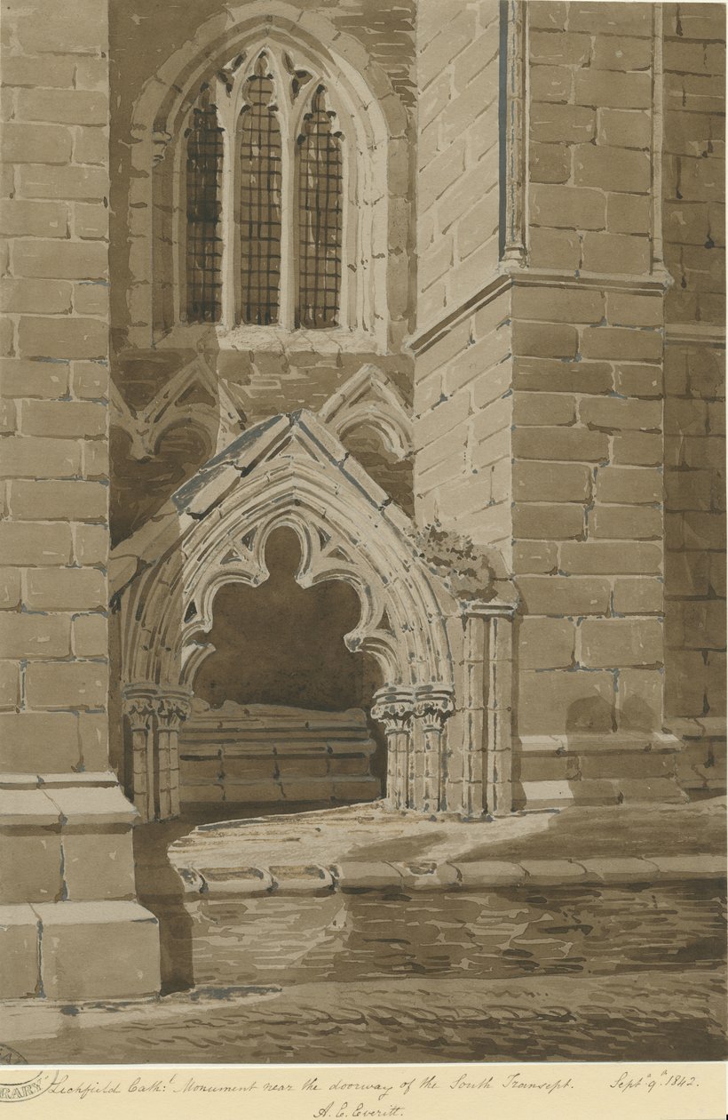 Katedrála Lichfield - Jižní transept: červená sépiová kresba, 9. září 1842 od Allen Edward Everitt