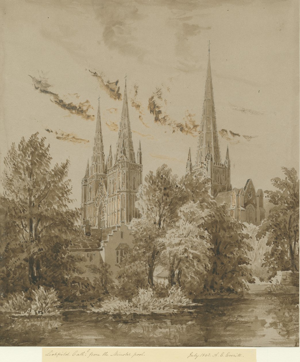 Lichfieldská katedrála - pohled na jihozápad: sépiová kresba, červenec 1842 od Allen Edward Everitt