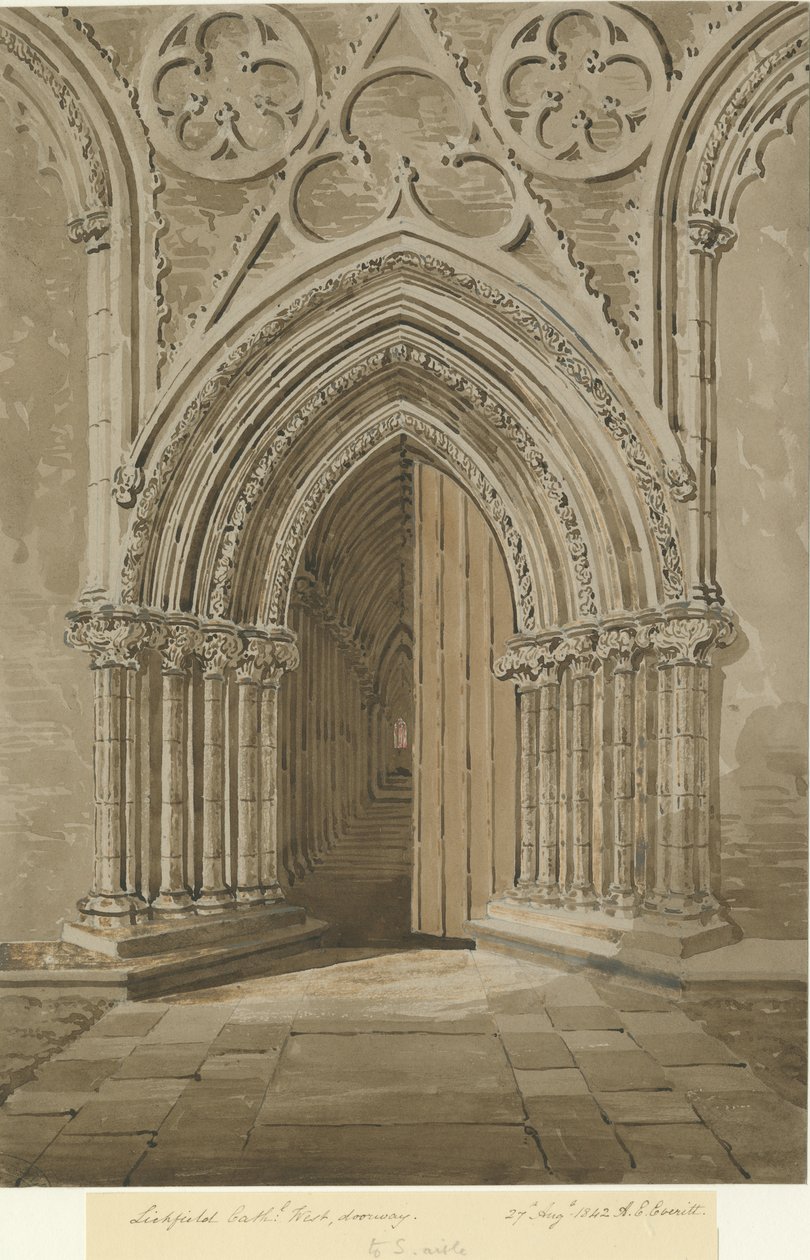 Katedrála Lichfield – West Doorway: červenohnědá sépiová kresba, 27. srpna 1842 od Allen Edward Everitt