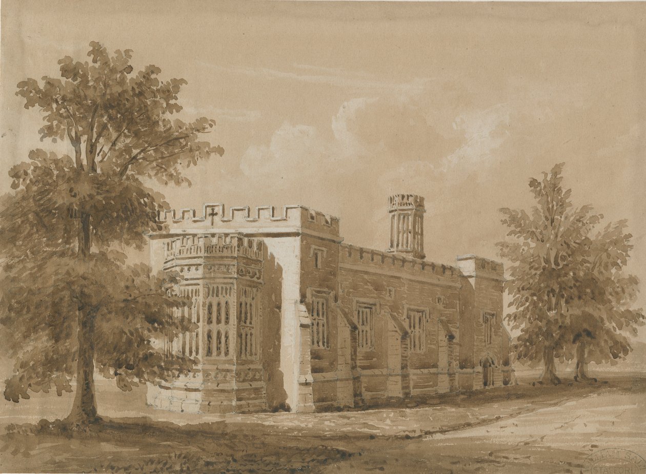 Tixall – Kaple v Tixall Hall: červená-sépiová lavírovaná kresba, nd [červenec 1842] od Allen Edward Everitt