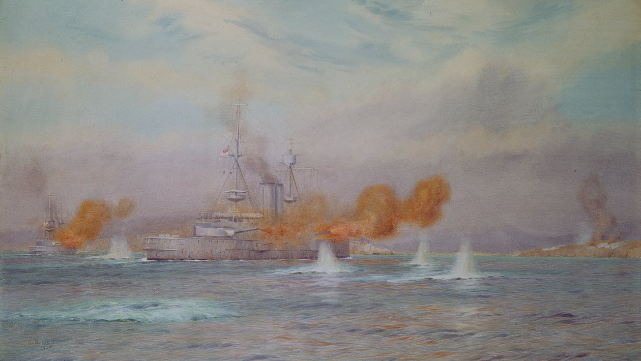 H.M.S. Albionu velel kapitán A. Walker-Heneage dokončující zničení vnějších pevností Dardanel v roce 1915, 1925 od Alma Claude Burlton Cull