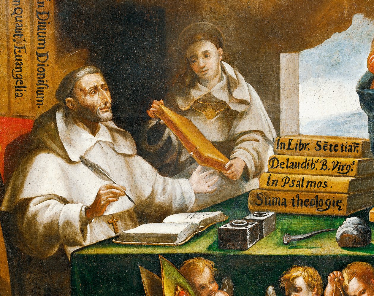 Svatý Albert Veliký a Svatý Tomáš Akvinský, detail, Svatý Pavel se zjevuje sv. Albertu Velikému a sv. Tomáši Akvinskému, od Alonsa Antonia Villamora (1661-1729). Klášter San Esteban, Salamanca. od Alonso Antonio Villamor