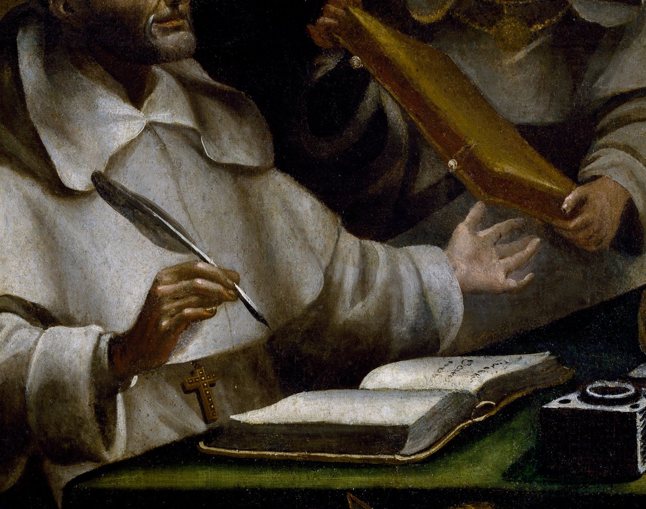 Ruce svatého Alberta při psaní, detail svatého Pavla zjevujícího se svatému Albertu Velikému a svatému Tomáši Akvinskému, obraz Alonsa Antonia Villamora (1661-1729), detail od Alonso Antonio Villamor